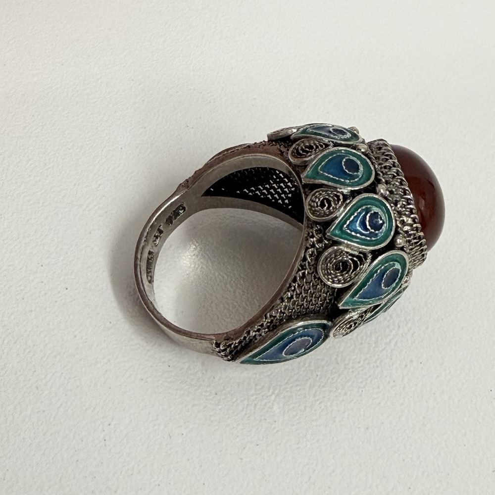 Vintage Chinese Export Sterling Filigree Enamel Carnelian Ring by BJ Size 7 - Picture 8 of 12